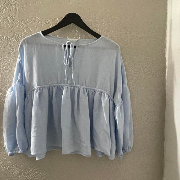Tops - Blu Pepper Women's Blue Peasant Boho blouse with tie detail